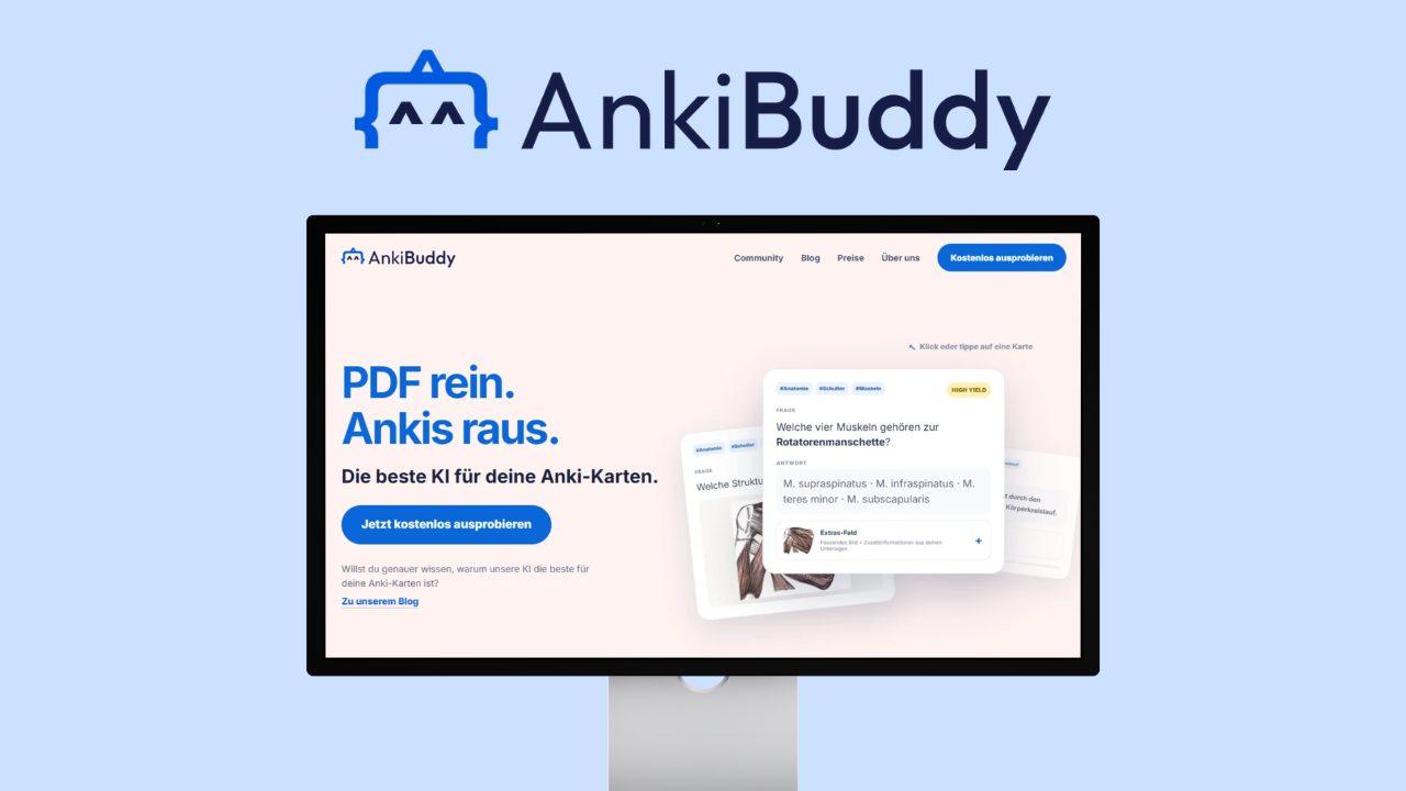The Anki Buddy landing page on a desktop monitor, with a generated anatomy flashcard