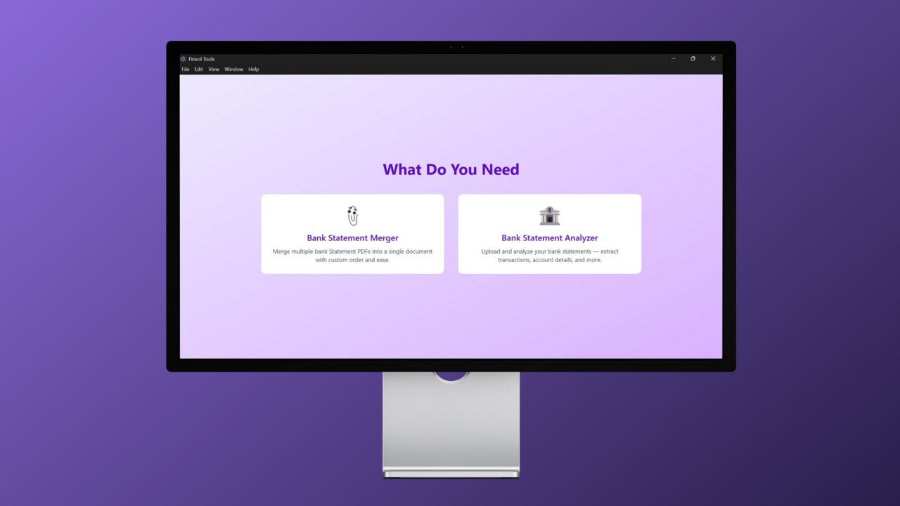 The Finsol Tools desktop app on a monitor, offering Bank Statement Merger and Bank Statement Analyzer