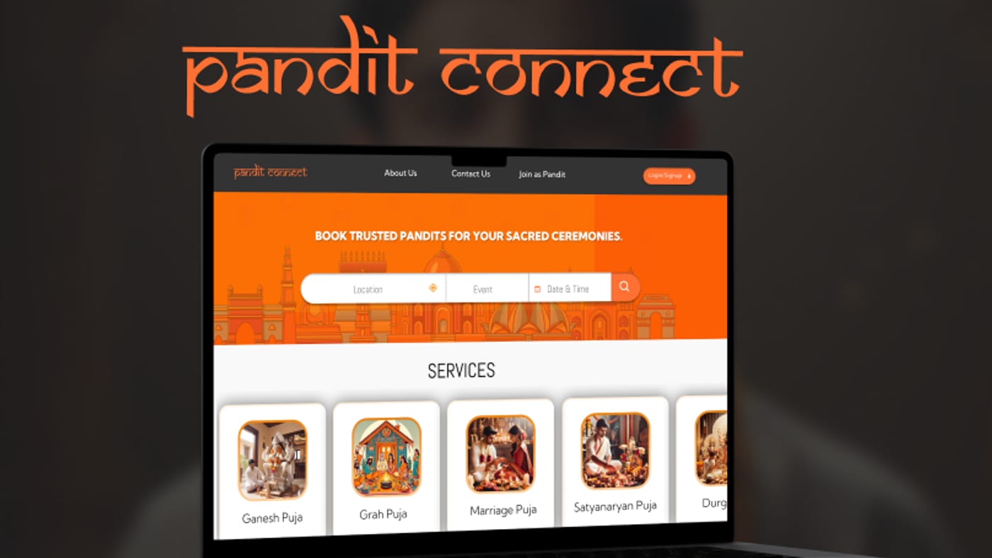 The Pandit Connect home page on a laptop, with its ceremony search and service cards