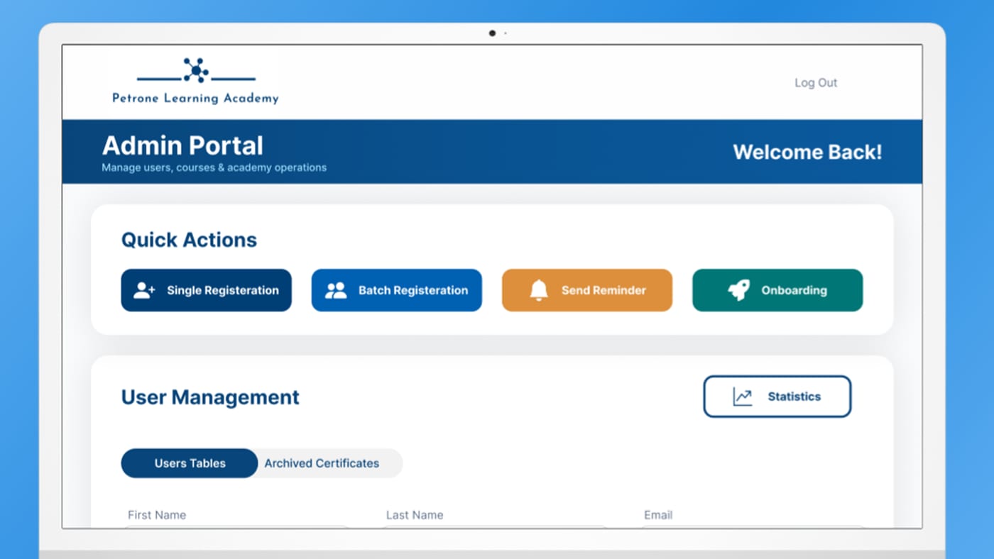 The Petrone Associates admin portal, showing quick actions and user management