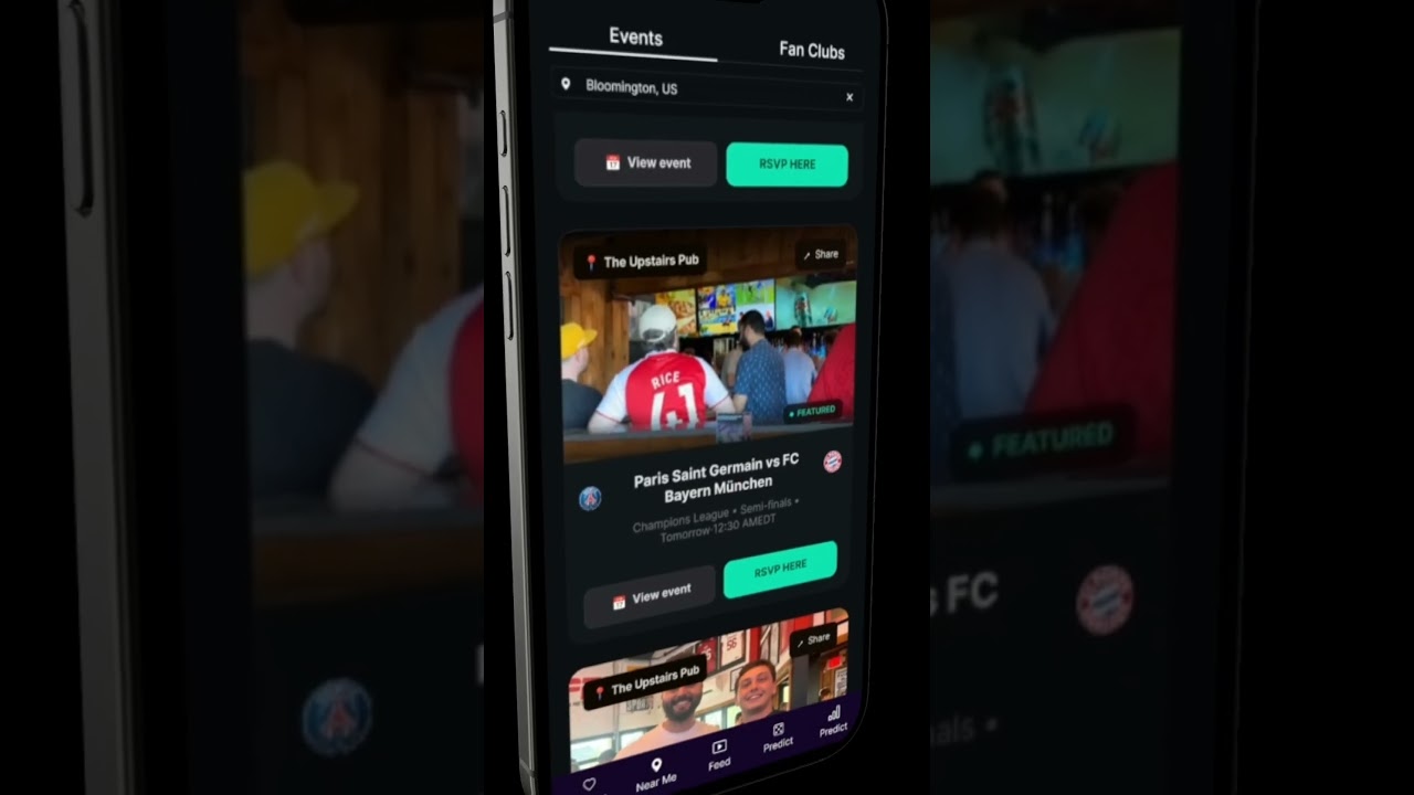 A frame from the reel: the Tekkers AI events screen on a phone, listing a PSG vs Bayern watch party